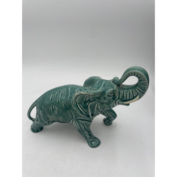 Vintage Glossy Celedon Green Ceramic Elephant Figurine With Trunk Up Good Luck - Picture 5 of 8